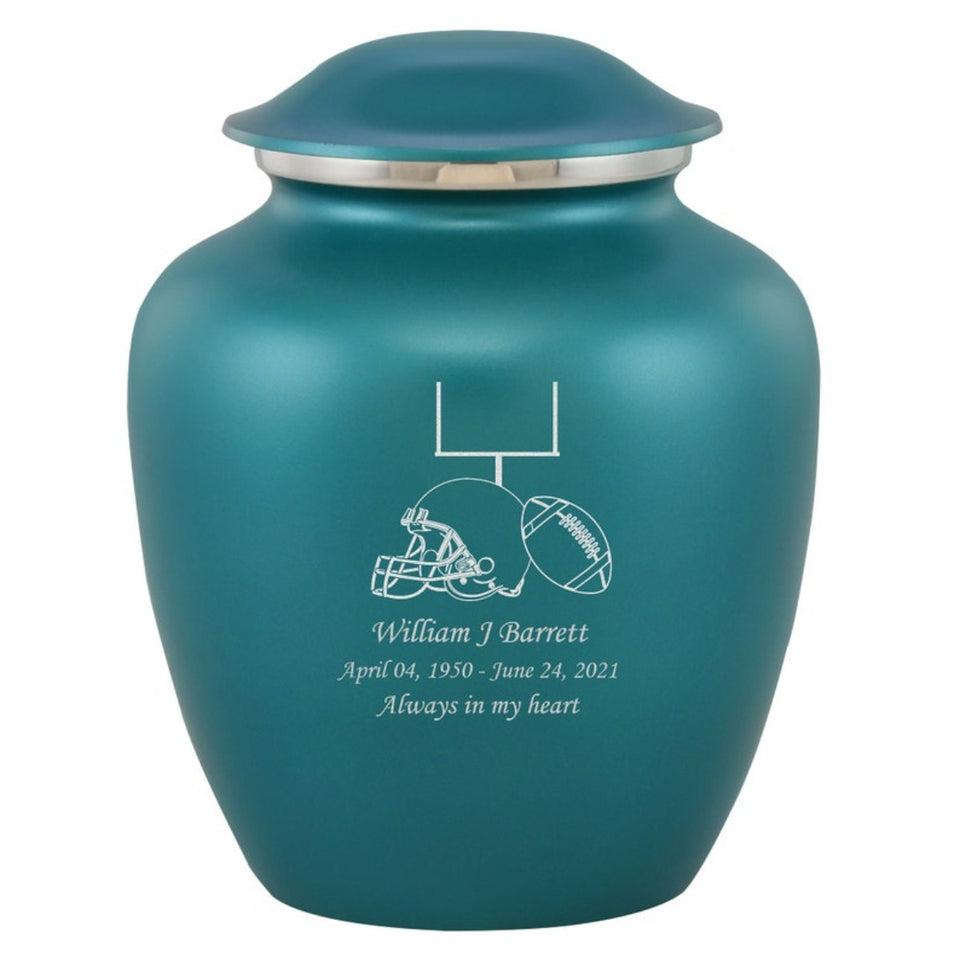Grace Football Adult Cremation Urn in Teal, Grace Football Adult Custom Engraved Urns for Ashes in Teal, Embrace Football Adult Cremation Urn in Teal, Embrace Football Adult Urn for Ashes in Teal, Embrace Football Cremation Urn in Teal, Embrace Football Urn for Ashes in Teal, Grace Football Urn for Ashes in Teal, Grace Football Cremation Urn in Teal - Memorials4u