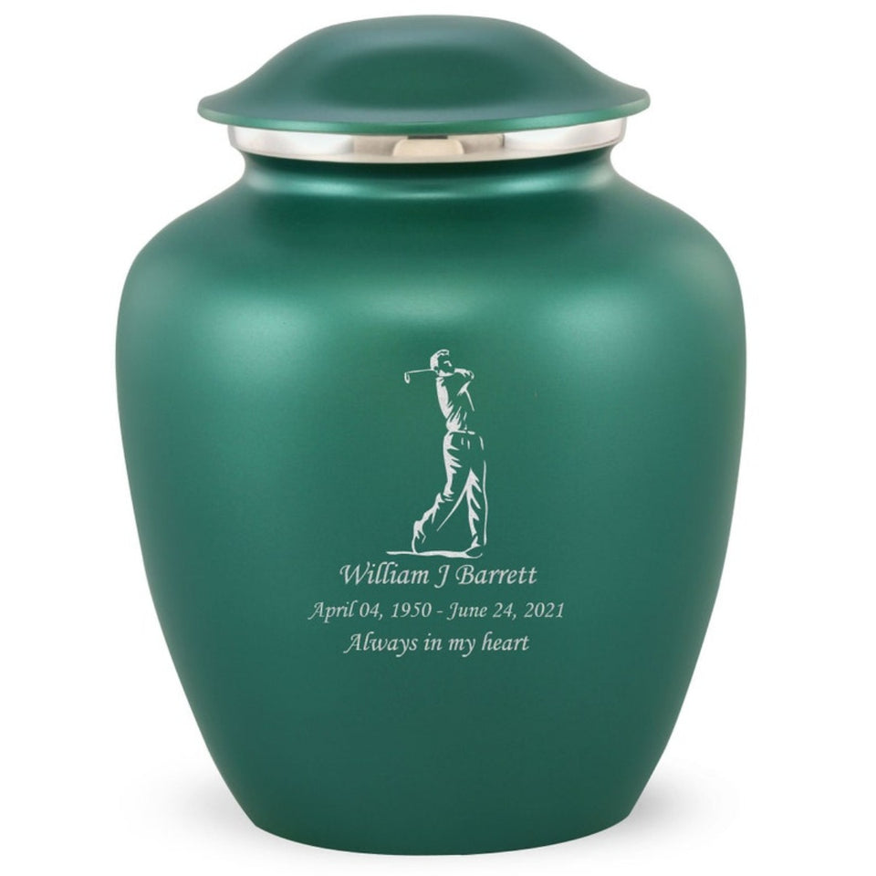 Grace Golfer Adult Cremation Urn in Green, Grace Golfer Adult Custom Engraved Urns for Ashes in Green, Embrace Golfer Adult Cremation Urn in Green, Embrace Golfer Adult Urn for Ashes in Green, Embrace Golfer Cremation Urn in Green, Embrace Golfer Urn for Ashes in Green, Grace Golfer Urn for Ashes in Green, Grace Golfer Cremation Urn in Green - Memorials4u
