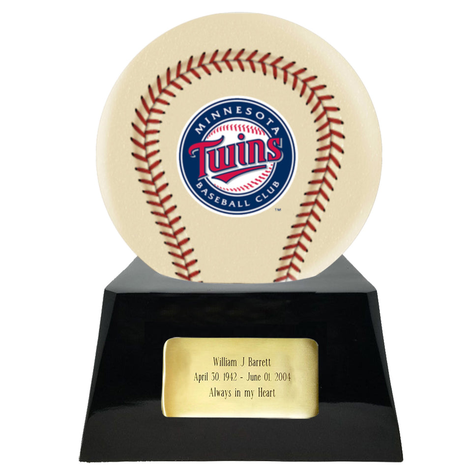 Baseball Cremation Urn with Optional Ivory Minnesota Twins Ball Decor and Custom Metal Plaque - Memorials4u