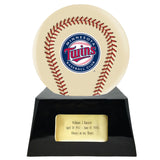 Baseball Cremation Urn with Optional Ivory Minnesota Twins Ball Decor and Custom Metal Plaque - Memorials4u