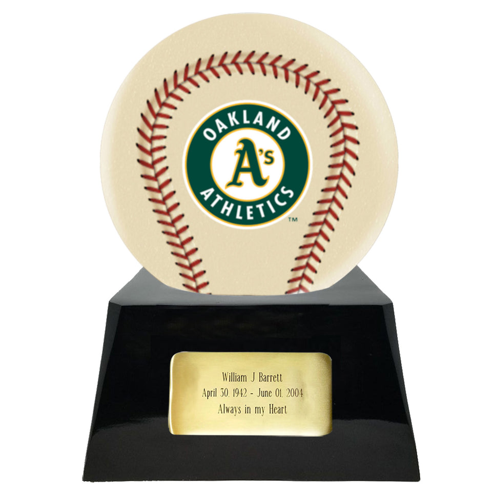 Baseball Cremation Urn with Optional Ivory Oakland Athetics Ball Decor and Custom Metal Plaque - Memorials4u