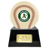 Baseball Cremation Urn with Optional Ivory Oakland Athetics Ball Decor and Custom Metal Plaque - Memorials4u