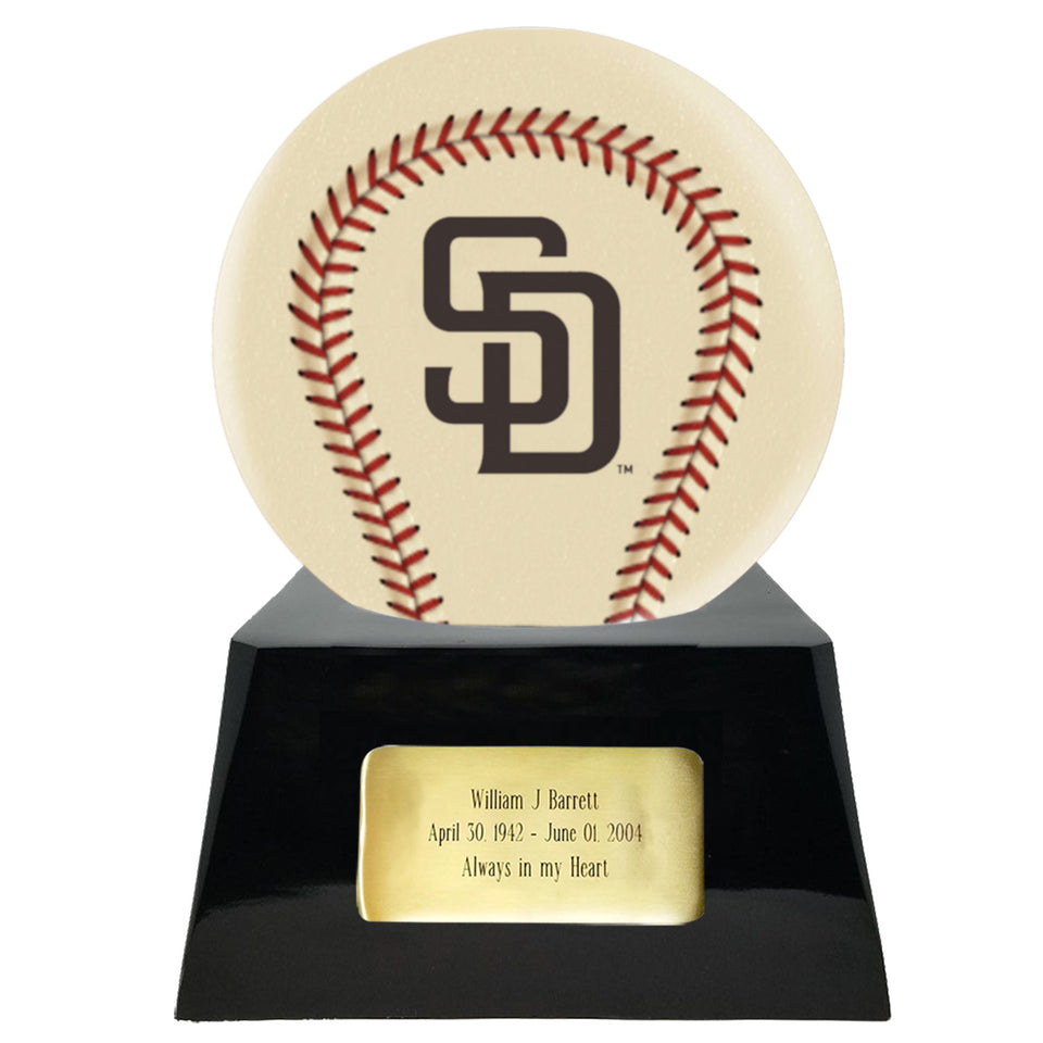 Baseball Cremation Urn with Optional Ivory San Diego Padres Ball Decor and Custom Metal Plaque - Memorials4u