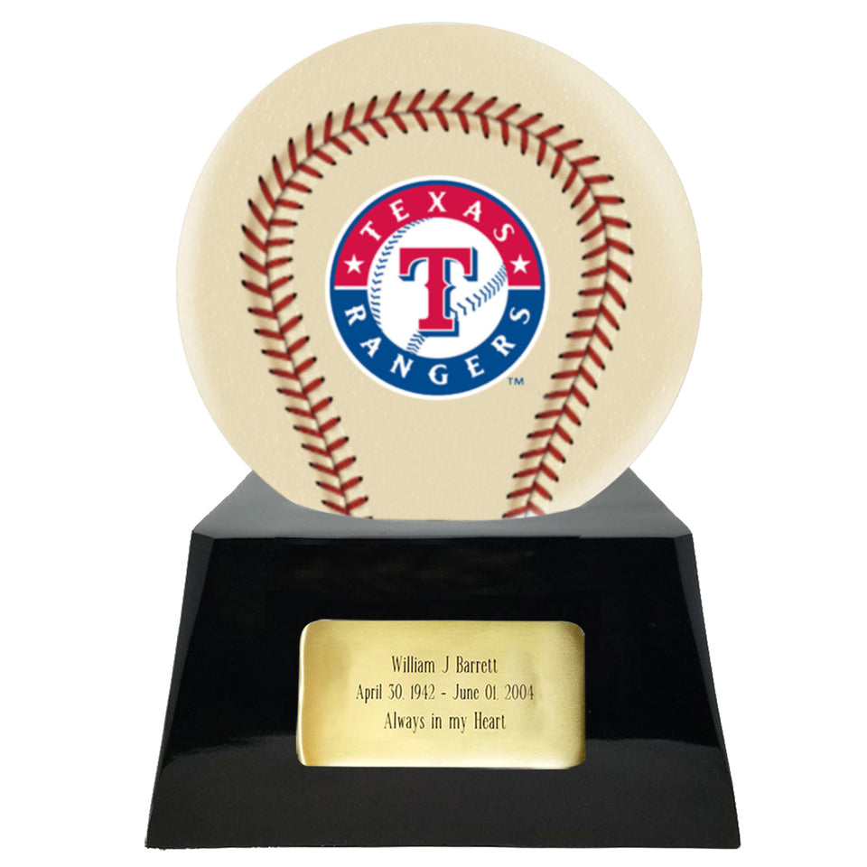 Baseball Cremation Urn with Optional Ivory Texas Rangers Ball Decor and Custom Metal Plaque - Memorials4u