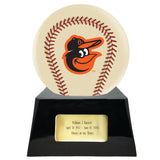 Baseball Cremation Urn with Optional Ivory Baltimore Orioles Ball Decor and Custom Metal Plaque - Memorials4u