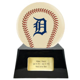 Baseball Cremation Urn with Optional Ivory Detroit Tigers Ball Decor and Custom Metal Plaque - Memorials4u