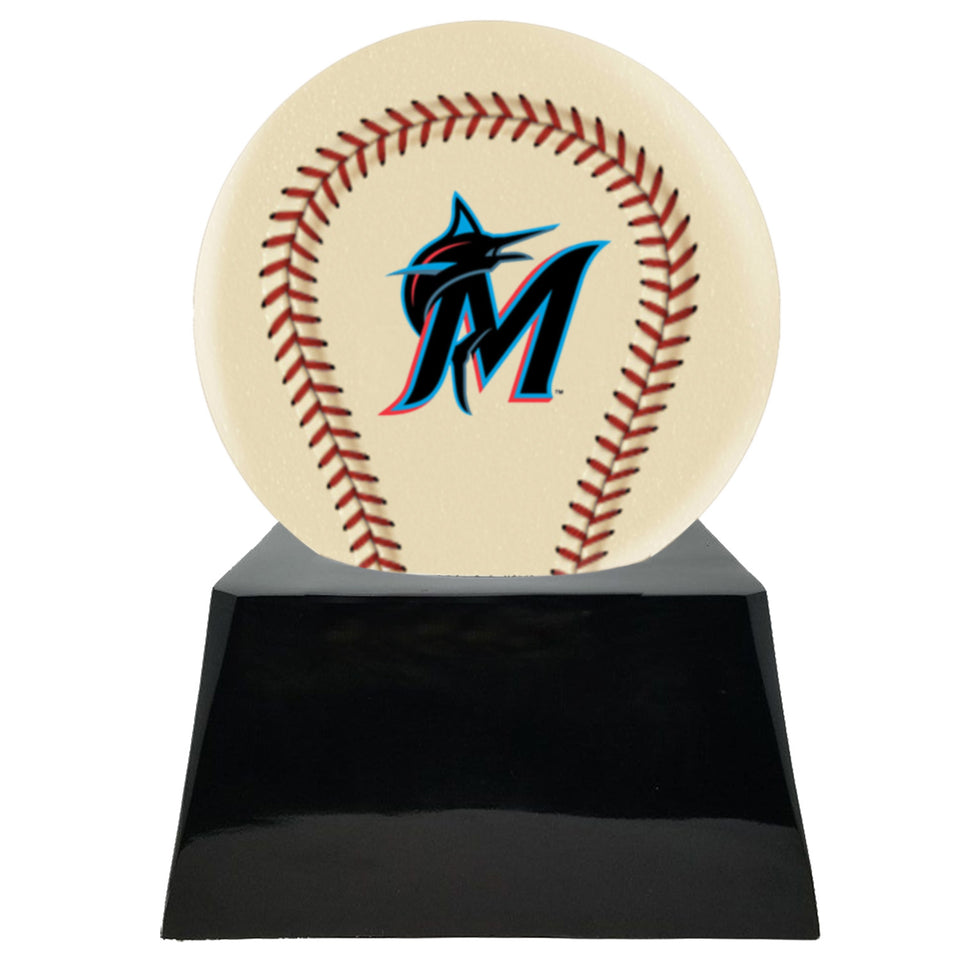 Baseball Cremation Urn with Optional Ivory Miami Marlins Ball Decor and Custom Metal Plaque - Memorials4u