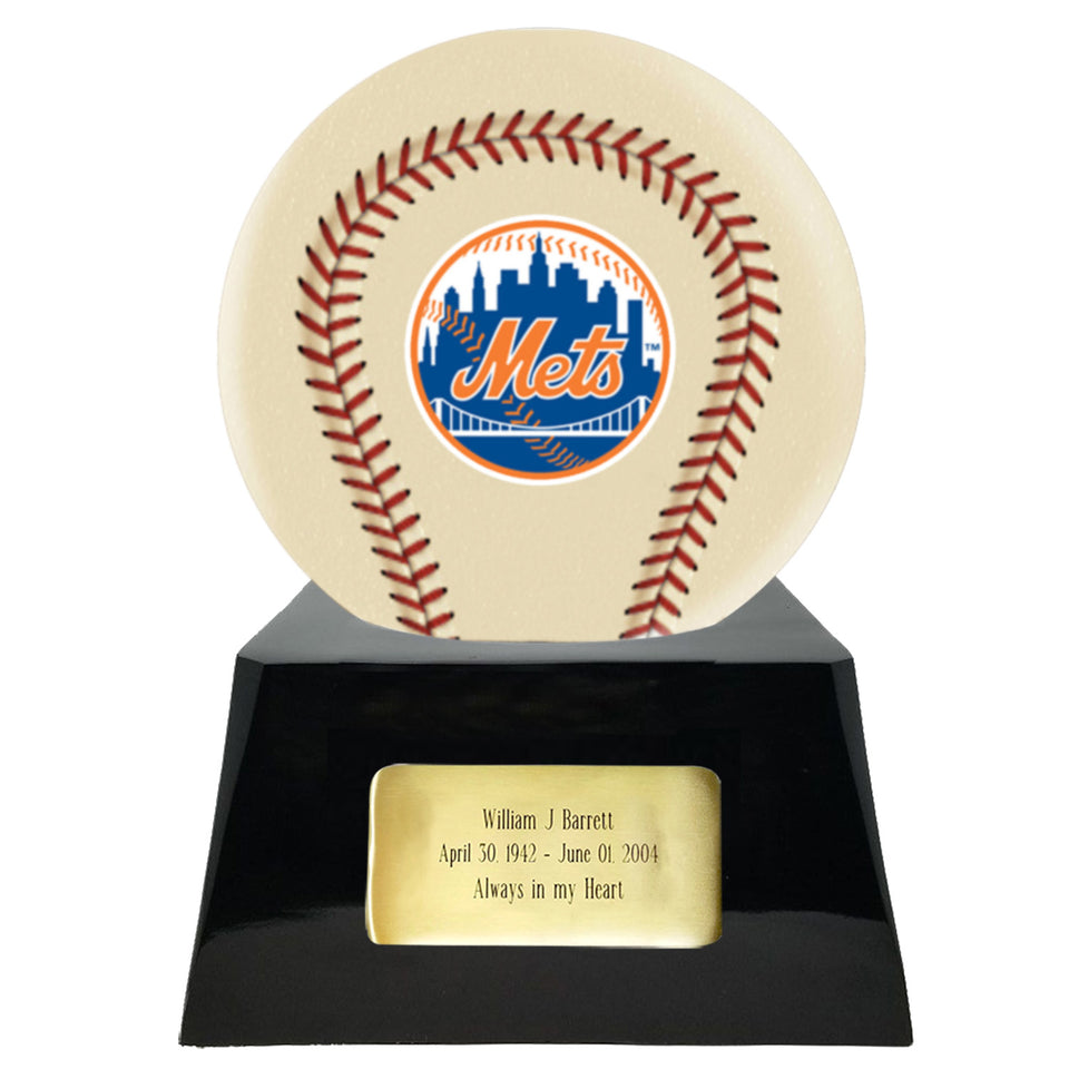 Baseball Cremation Urn with Optional Ivory New York Mets Ball Decor and Custom Metal Plaque - Memorials4u