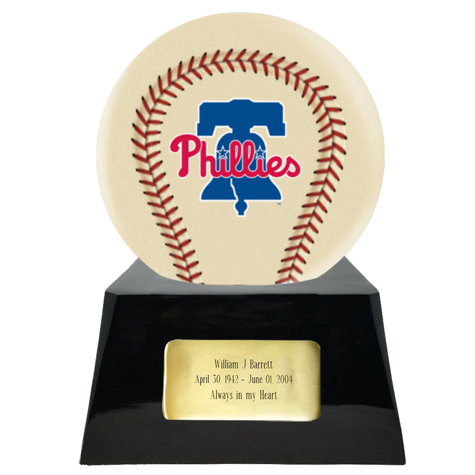 Baseball Cremation Urn with Optional Ivory Philadelphia Phillies Ball Decor and Custom Metal Plaque - Memorials4u