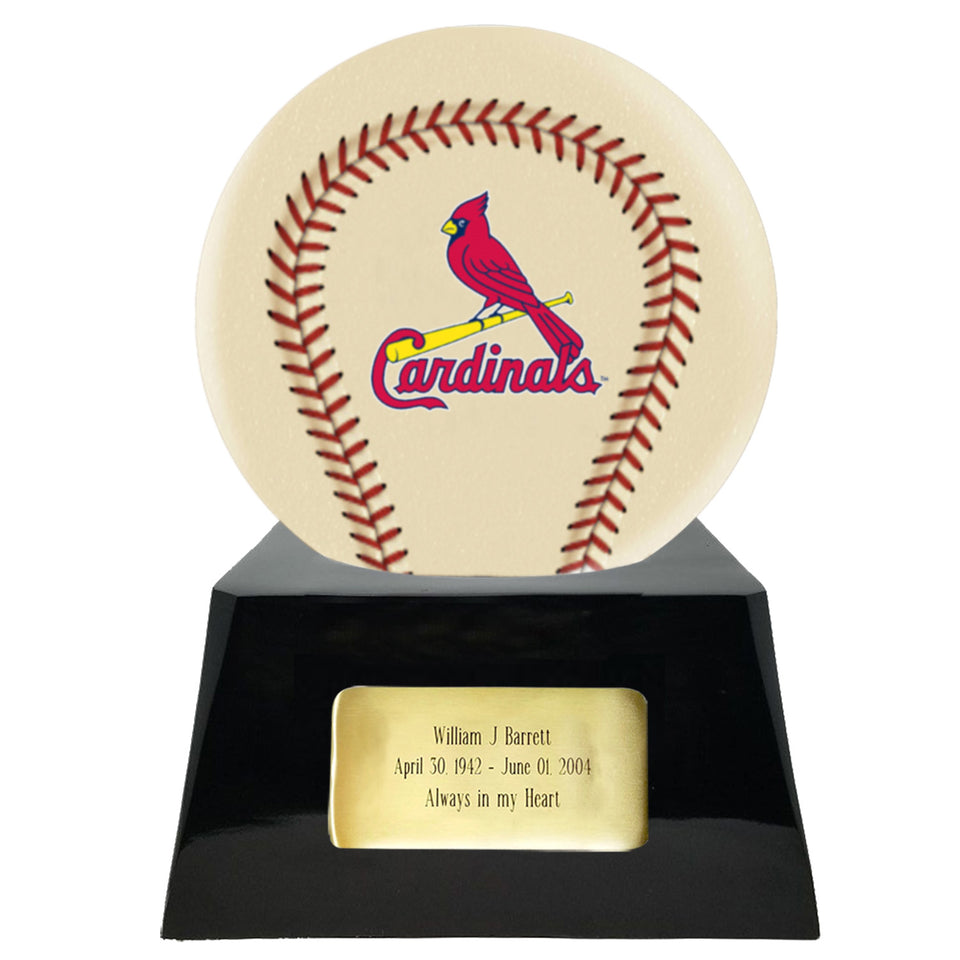 Baseball Cremation Urn with Optional Ivory St. Louis Cardinals Ball Decor and Custom Metal Plaque - Memorials4u