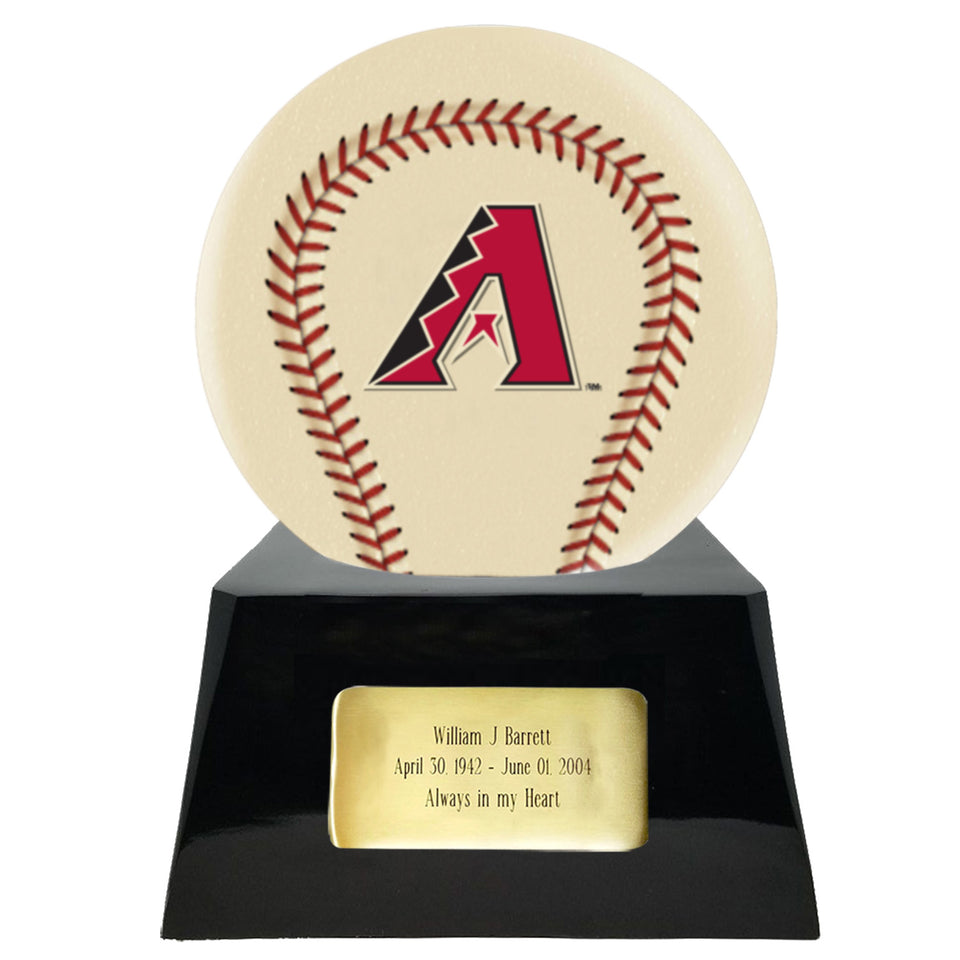Baseball Cremation Urn with Optional Ivory Arizona Diamondbacks Ball Decor and Custom Metal Plaque - Memorials4u