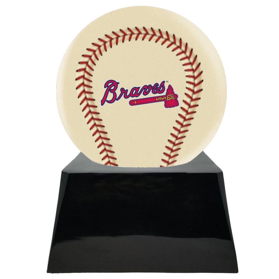 Baseball Cremation Urn with Optional Ivory Atlanta Braves Ball Decor and Custom Metal Plaque - Memorials4u