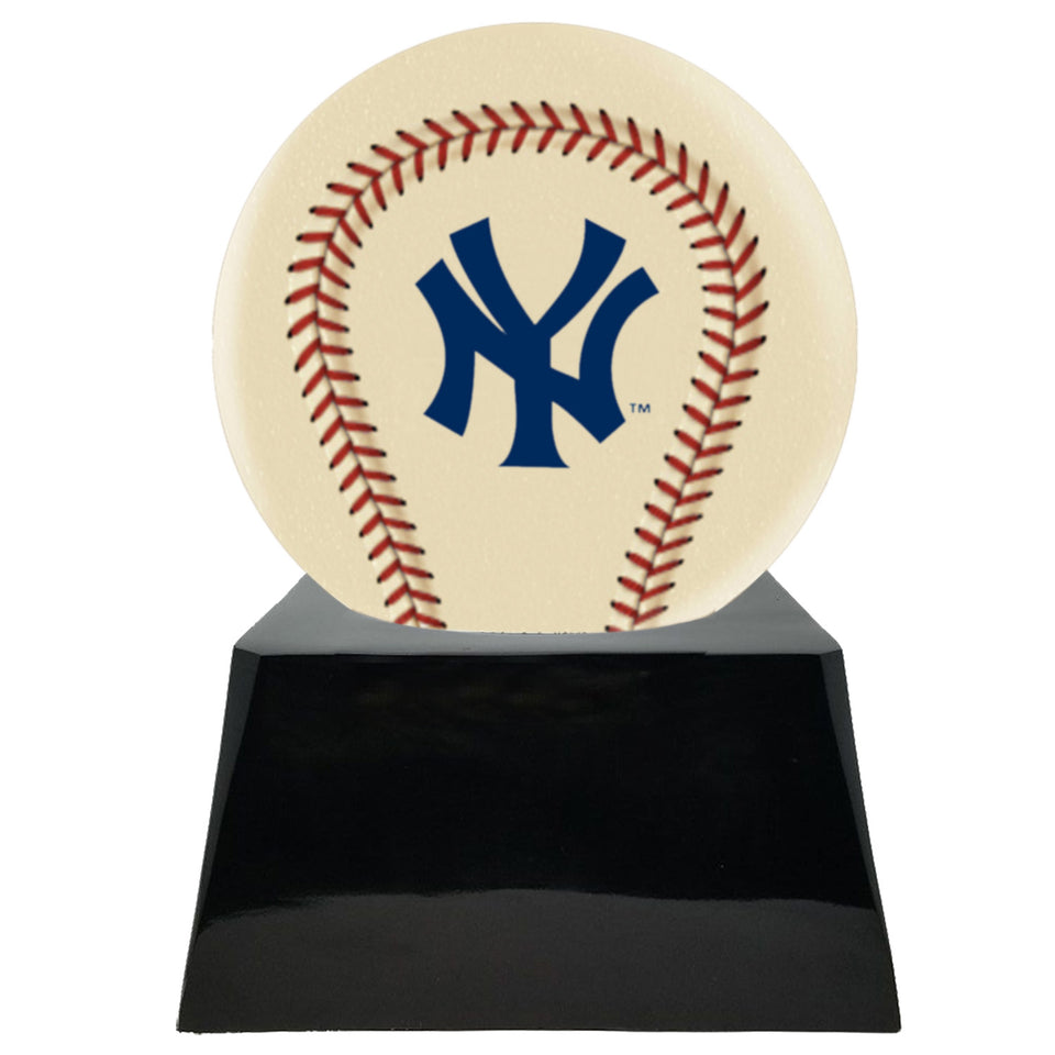 Baseball Cremation Urn with Optional Ivory New York Yankees Ball Decor and Custom Metal Plaque - Memorials4u