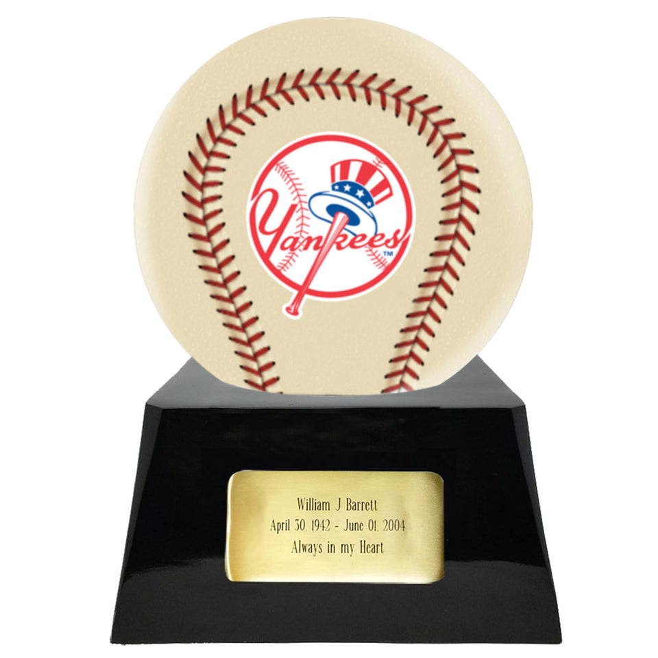 Baseball Cremation Urn with Optional Ivory New York Yankees Ball Decor and Custom Metal Plaque - Memorials4u