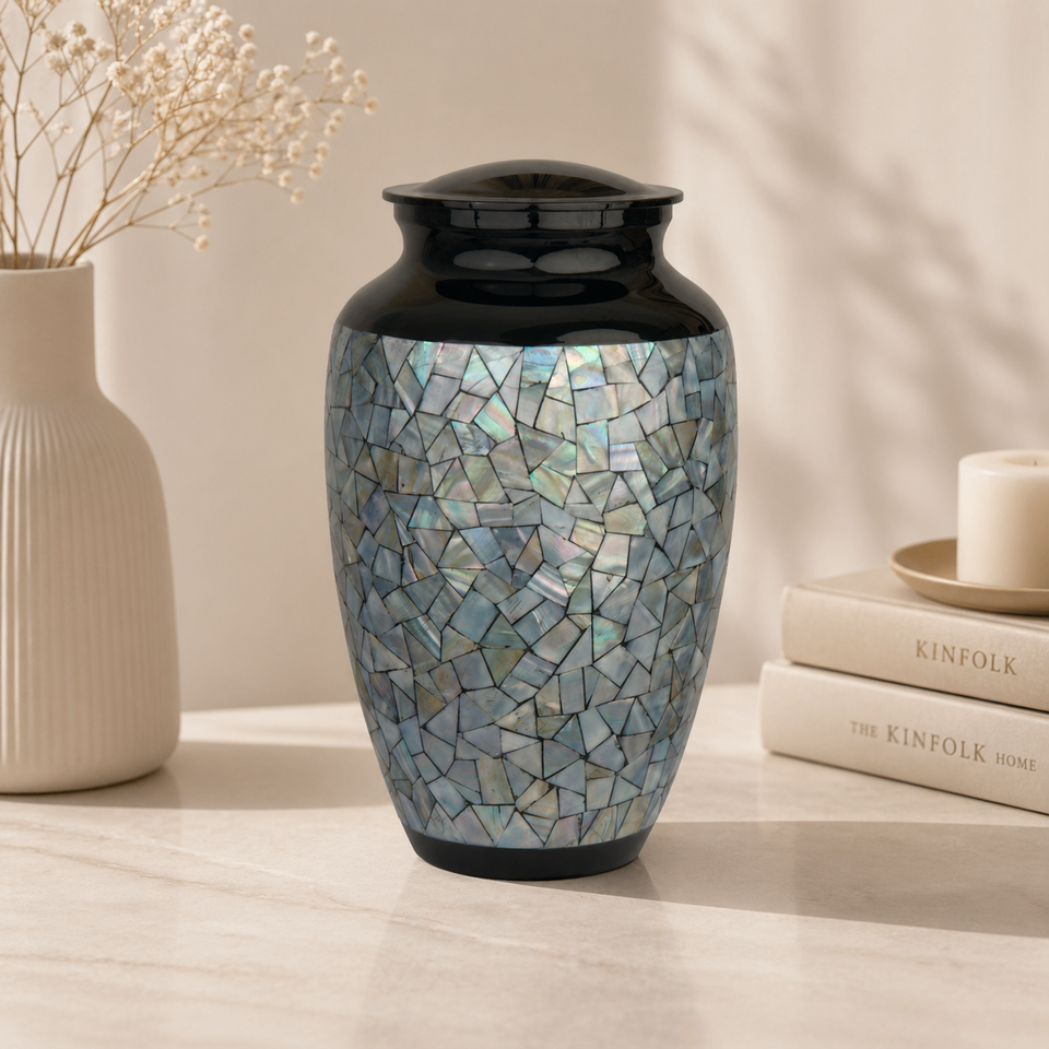 Mosaic Mother Of Pearl Black Cremation Urn