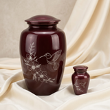 Hummingbird Burgundy Metal Cremation Urn and Keepsake Set