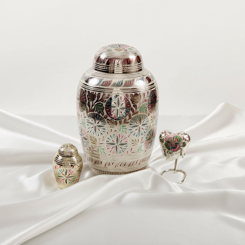 Silver Etched Colorful Floret Cremation Urn Collection