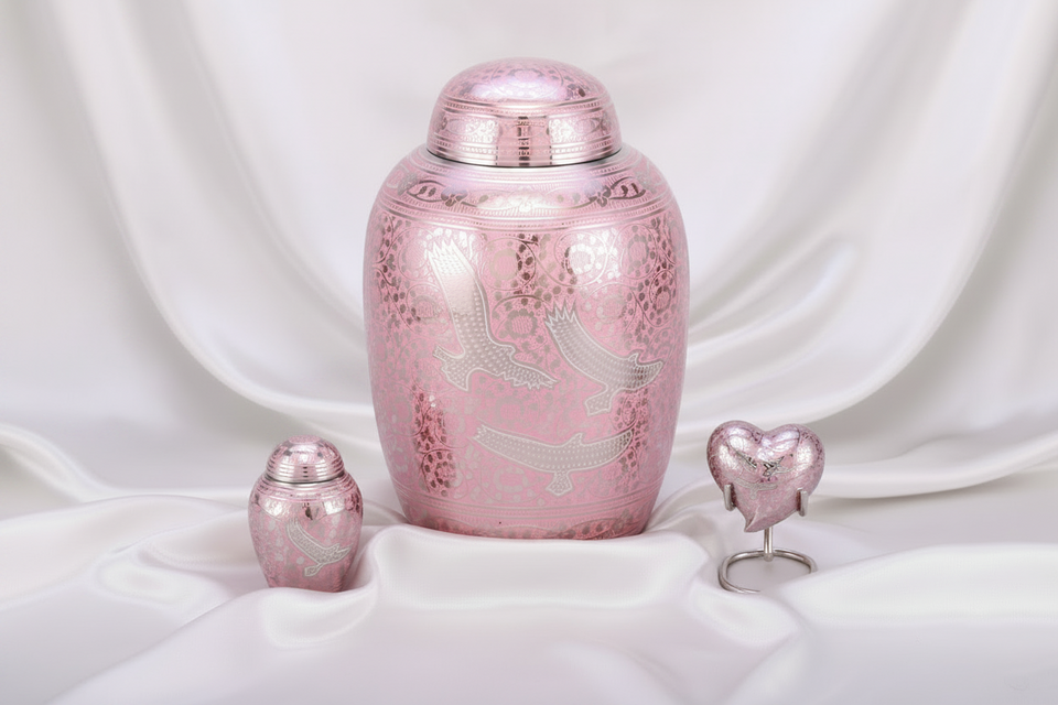 Elegant Pink Birds in Flight Etched Silver Cremation Urn Collection