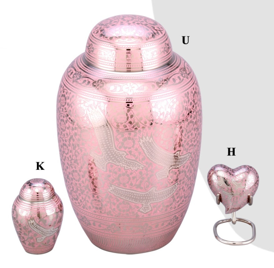 Elegant Pink Birds Etched Silver Cremation Urn