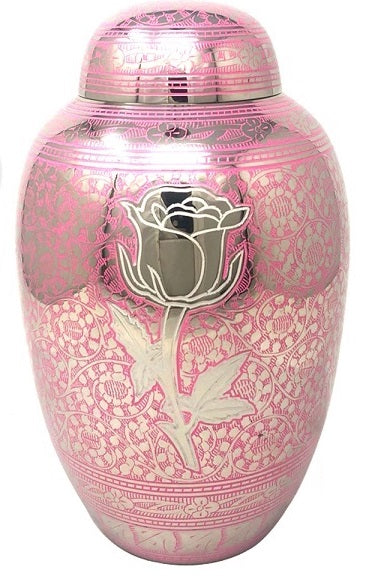 Elegant Pink Rose Etched Silver Cremation Urn