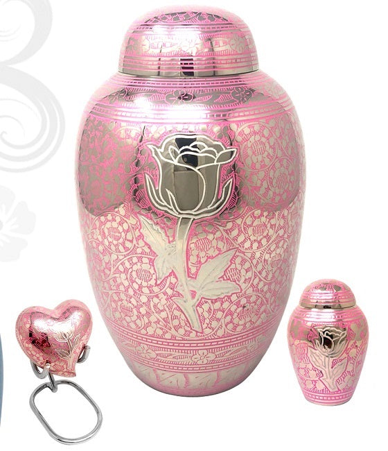 Elegant Pink Rose Etched Silver Cremation Urn