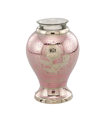 Elegant Pink Rose Etched Silver Cremation Urn