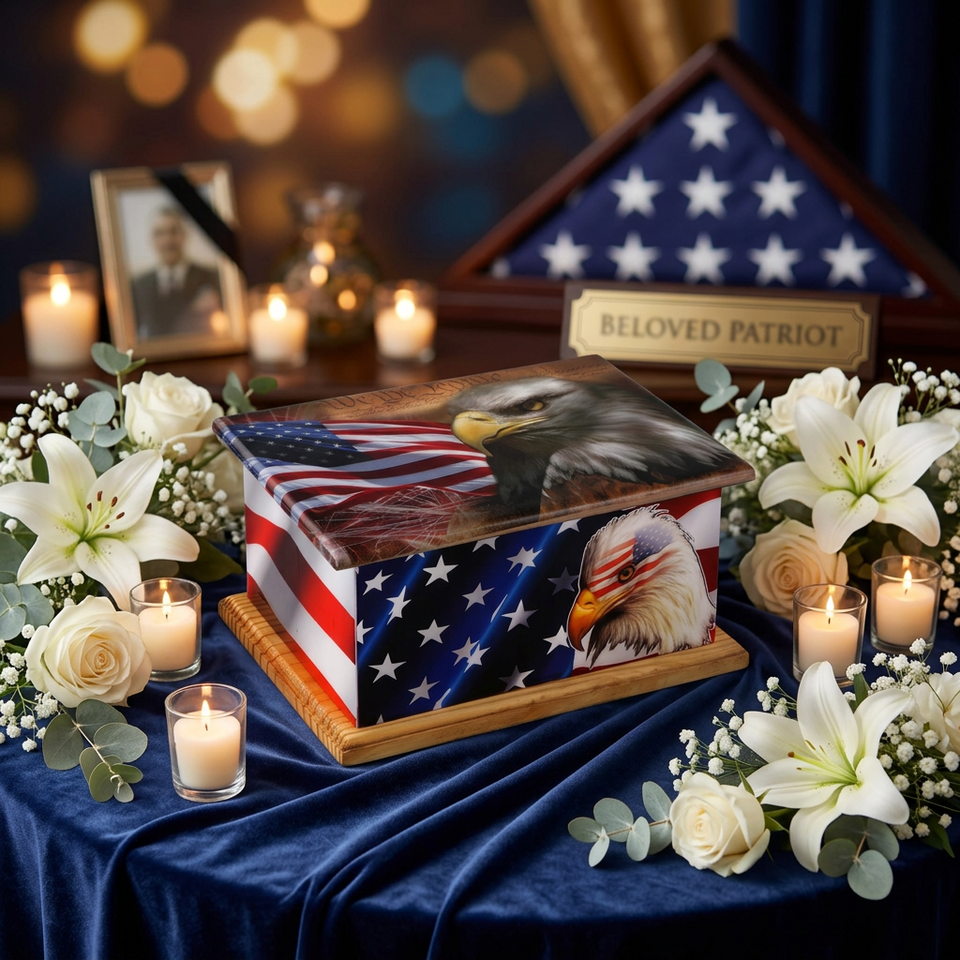 Handcrafted Wrapped American Eagle Wooden-Trim Cremation Urn