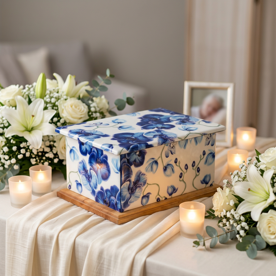 Handcrafted Wrapped Blue Orchid Wooden-Trim Cremation Urn