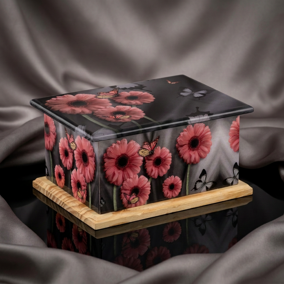 Handcrafted Wrapped Butterfly Garden Wooden-Trim Cremation Urn