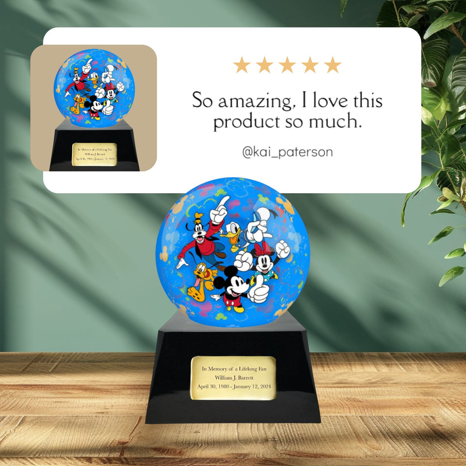 Memorials4u blue sphere urn with Mickey Mouse, Minnie, Goofy, Donald & Pluto. Glossy black base with plaque.