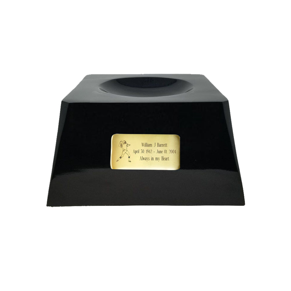 Football Cremation Urn with Optional Carolina Panthers Ball Decor and Custom Metal Plaque - Memorials4u
