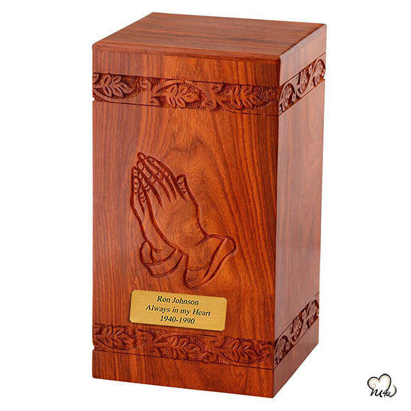 Solid Rosewood Cremation Urn with Hand Carved Praying Hand - Memorials4u