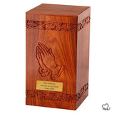 Solid Rosewood Cremation Urn with Hand Carved Praying Hand - Memorials4u