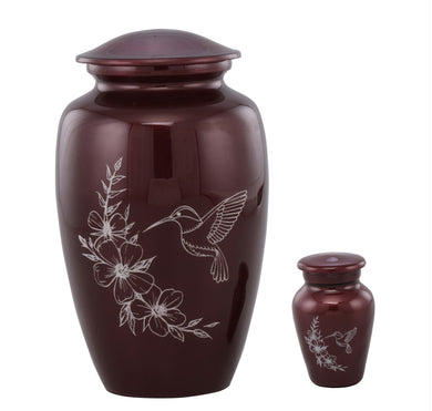 Simple Burgundy Hummingbird Adult Cremation Urn for Ashes for Loved Ones With Free Keepsake