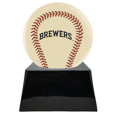 Baseball Cremation Urn with Optional Ivory Milwaukee Brewers Ball Decor and Custom Metal Plaque - Memorials4u