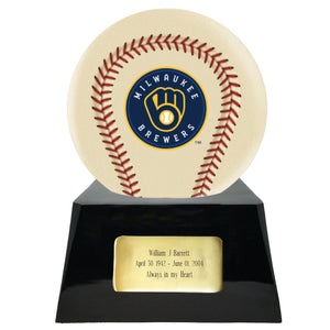 Baseball Cremation Urn with Optional Ivory Milwaukee Brewers Ball Decor and Custom Metal Plaque - Memorials4u