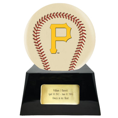 Baseball Cremation Urn with Optional Ivory Pittsburgh Pirates Ball Decor and Custom Metal Plaque - Memorials4u