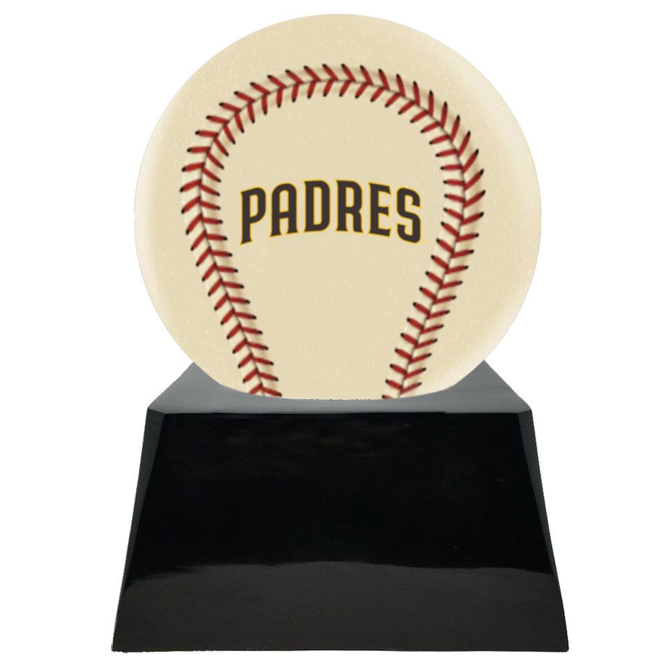 Baseball Cremation Urn with Optional Ivory San Diego Padres Ball Decor and Custom Metal Plaque - Memorials4u