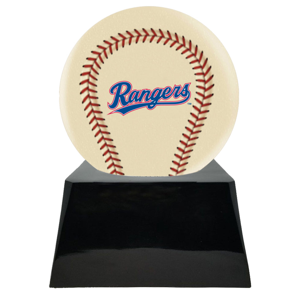 Baseball Cremation Urn with Optional Ivory Texas Rangers Ball Decor and Custom Metal Plaque - Memorials4u