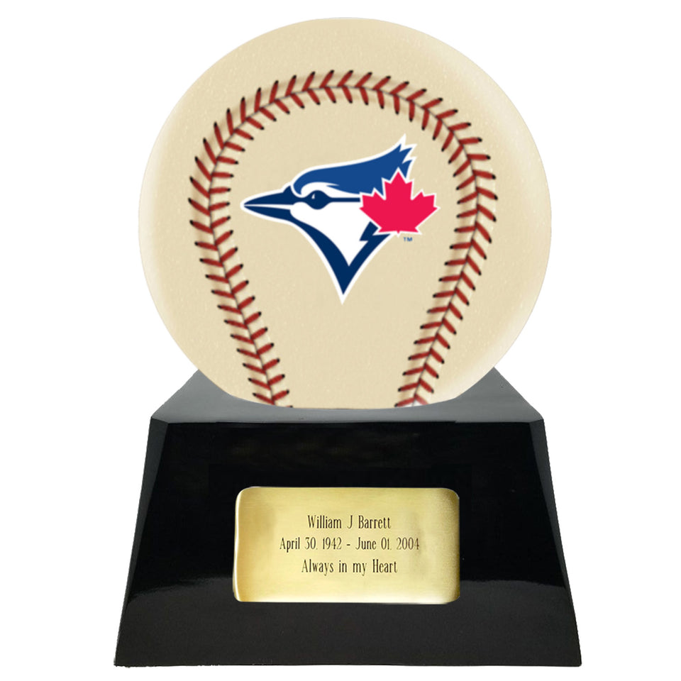 Baseball Cremation Urn with Optional Ivory Toronto Blue Jays Ball Decor and Custom Metal Plaque - Memorials4u