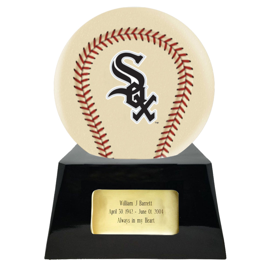 Baseball Cremation Urn with Optional Ivory Chicago White Sox Ball Decor and Custom Metal Plaque - Memorials4u