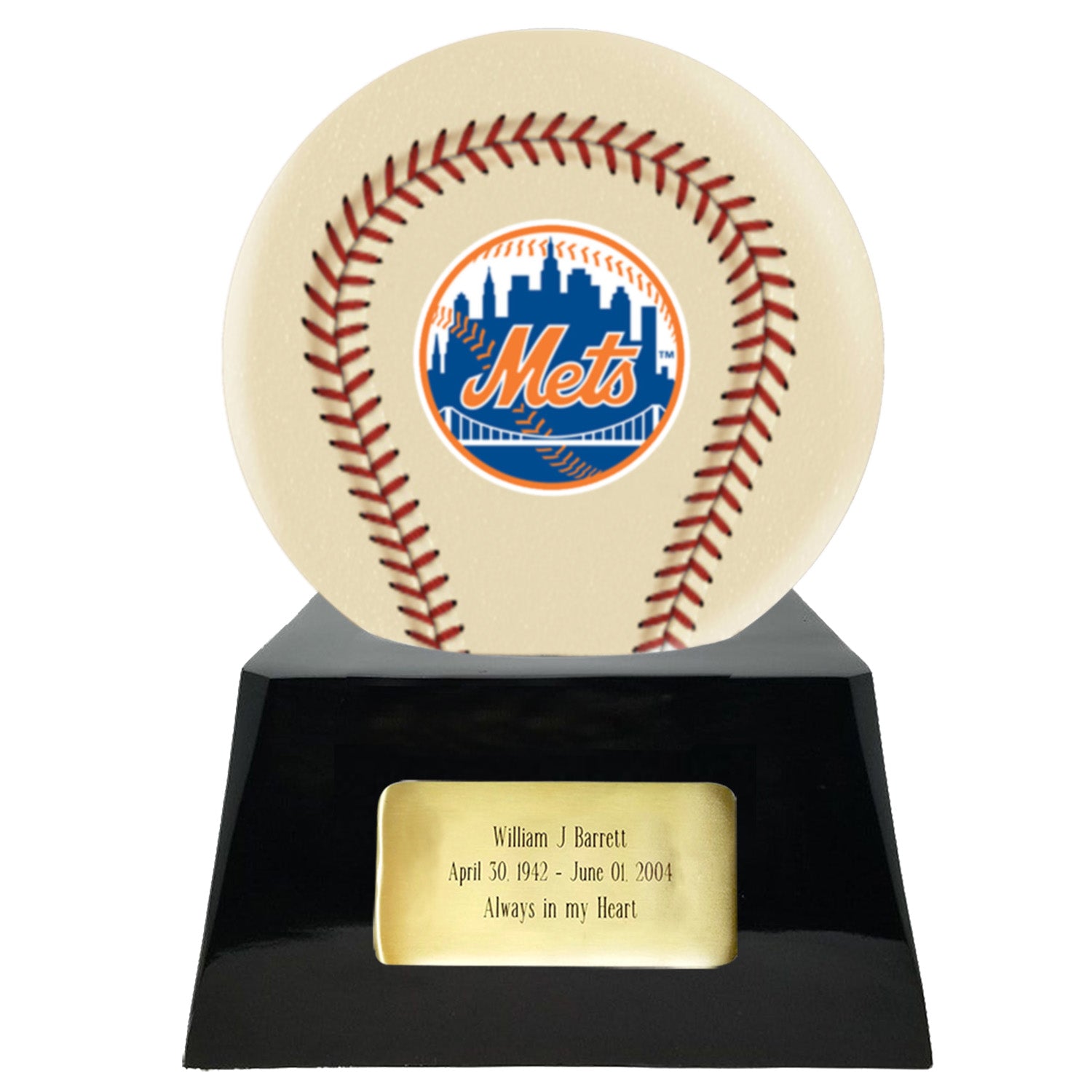 Baseball Cremation Urn with Optional Ivory New York Mets Ball Decor and  Custom Metal Plaque