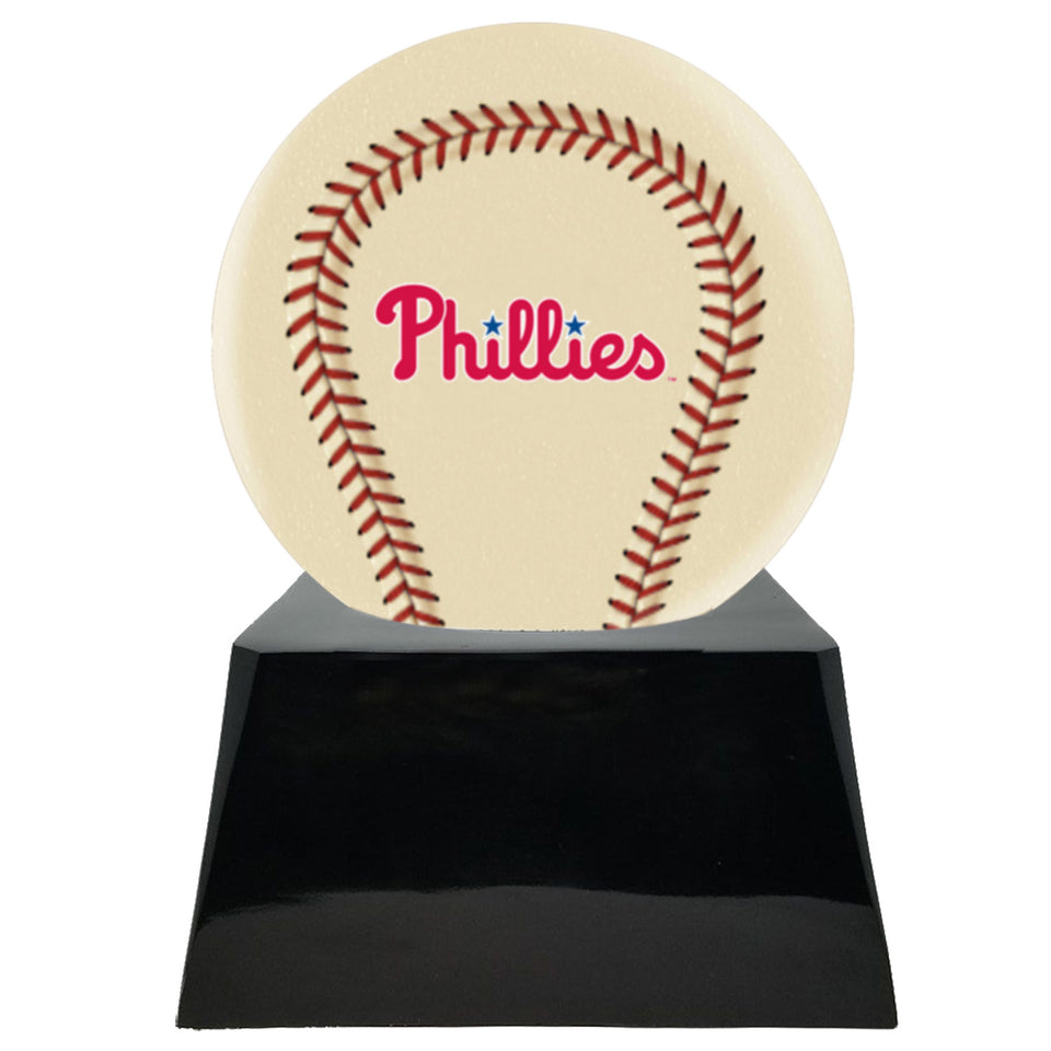 Baseball Cremation Urn with Optional Ivory Philadelphia Phillies Ball Decor and Custom Metal Plaque - Memorials4u