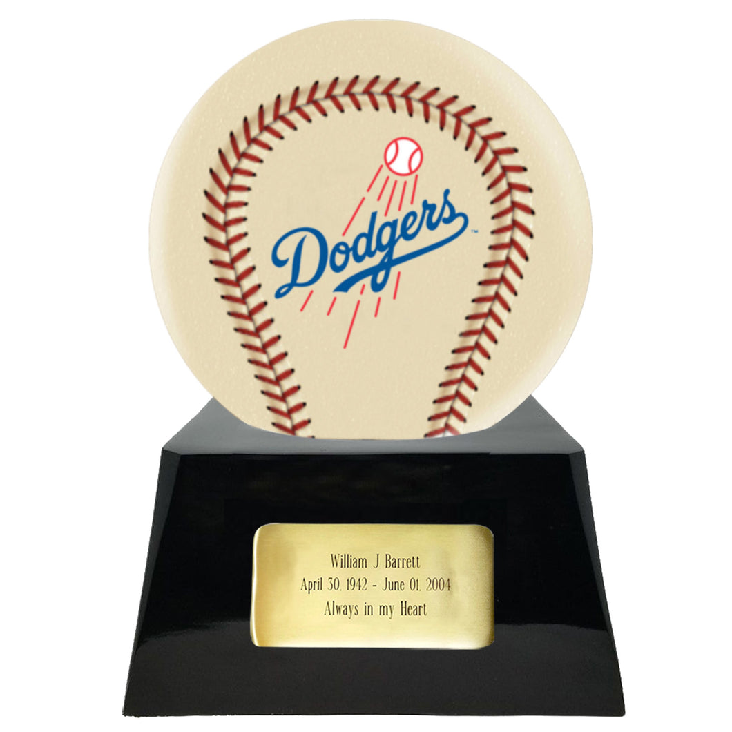 Baseball Cremation Urn with Optional Ivory Los Angeles Dodgers Ball Decor and Custom Metal Plaque - Memorials4u