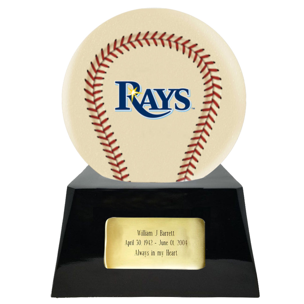 Baseball Cremation Urn with Optional Ivory Tampa Bay Rays Ball Decor and Custom Metal Plaque - Memorials4u