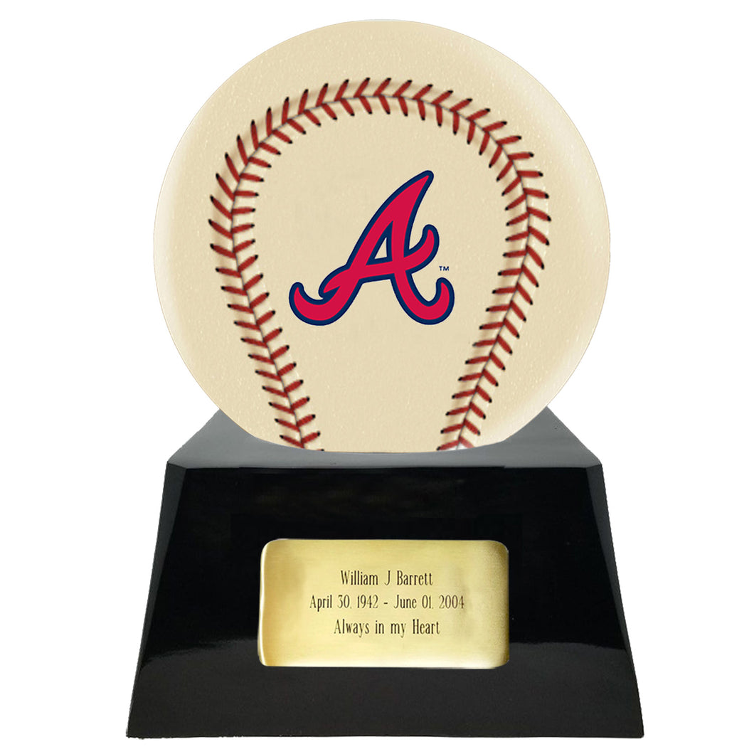 Baseball Cremation Urn with Optional Ivory Atlanta Braves Ball Decor and Custom Metal Plaque - Memorials4u