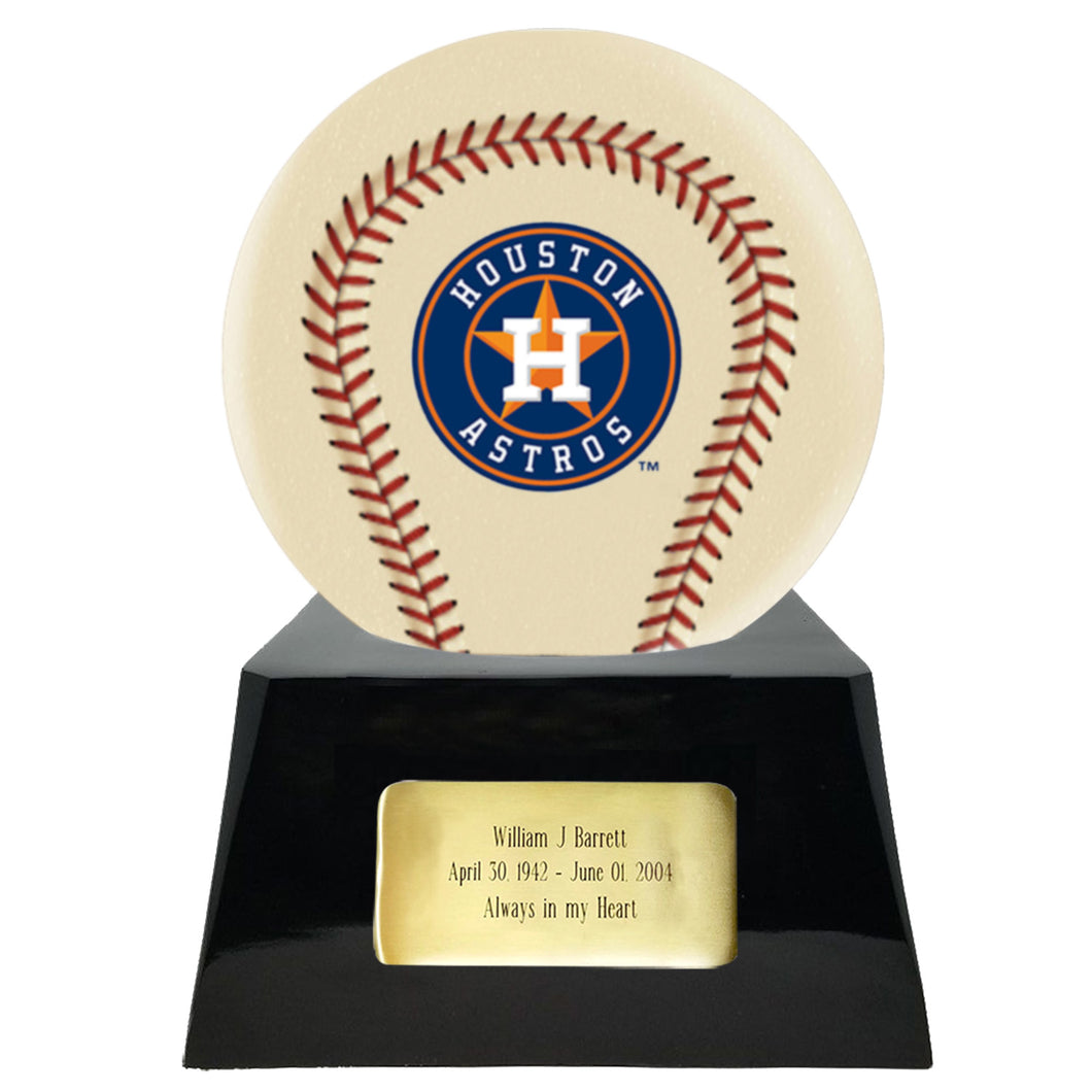 Baseball Cremation Urn with Optional Ivory Houston Astros Ball Decor and Custom Metal Plaque - Memorials4u