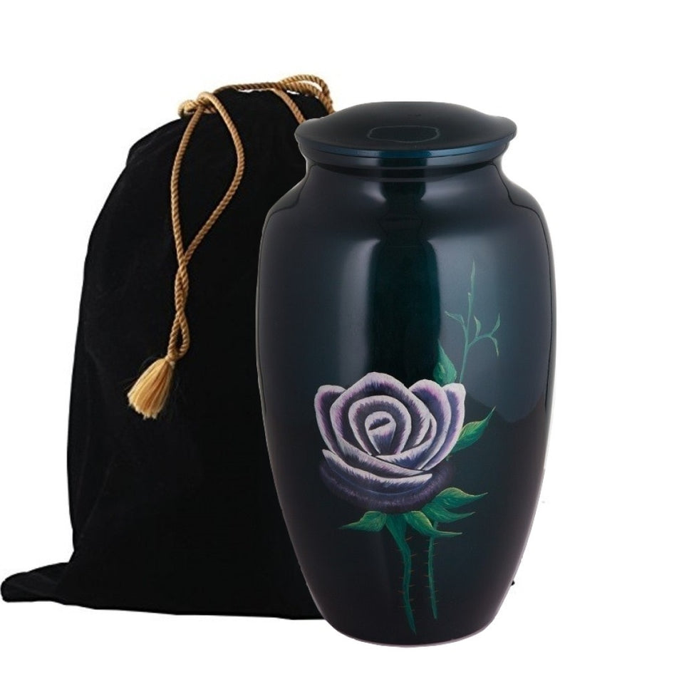 Single Rose on Green Hand Painted Adult Cremation Urn - Memorials4u