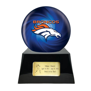 Football Cremation Urn and Denver Broncos Ball Decor with Custom Metal Plaque