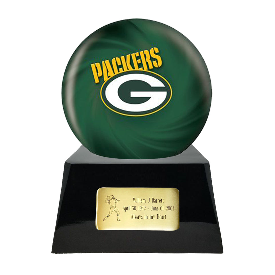 Football Cremation Urn and Greenbay Packers Ball Decor with Custom Metal Plaque